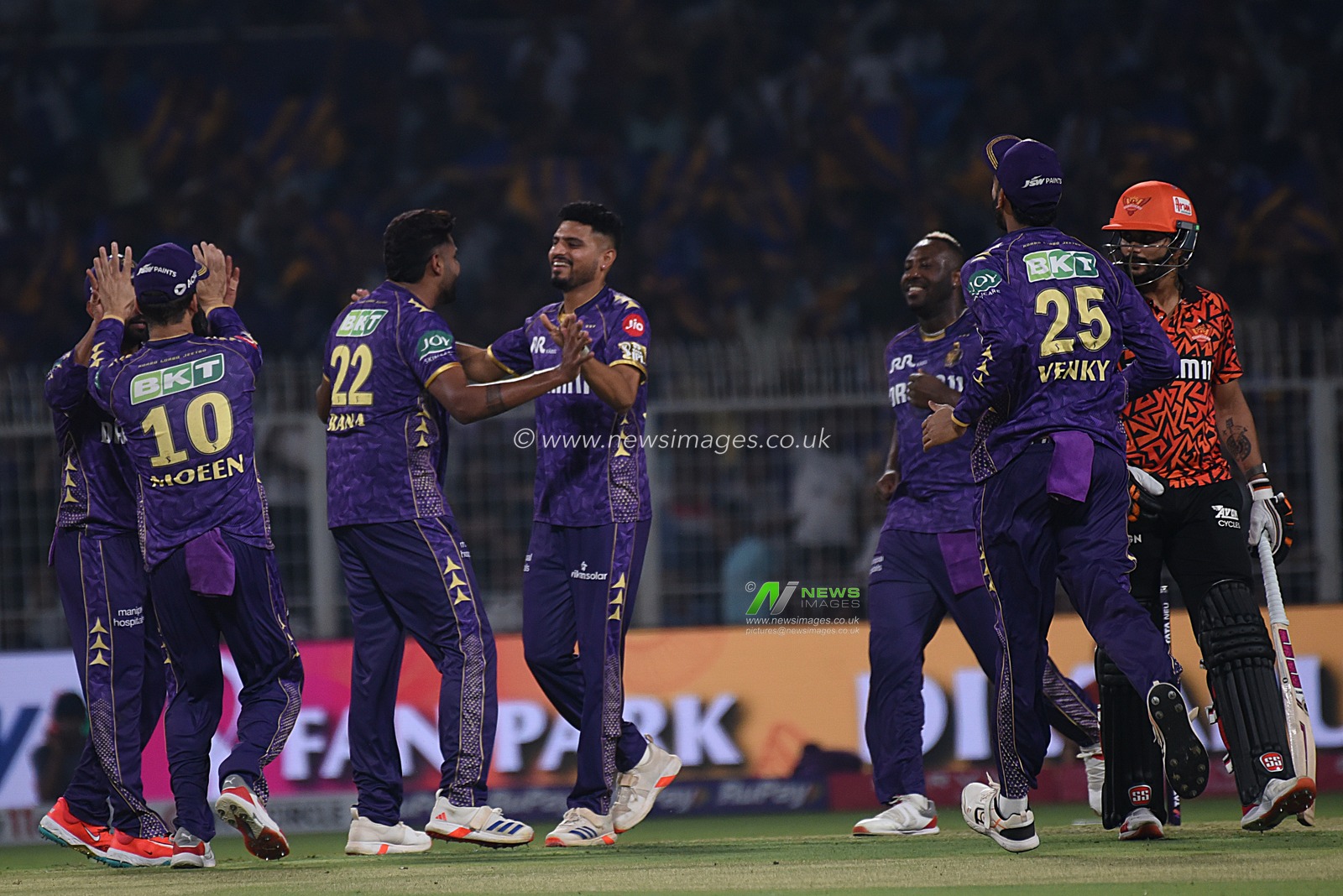 Kolkata Knight Riders' Harshit Rana, center, celebrates the dismissal of Sunrisers Hyderabad's Ishan Kishan during the Indian Premier League cricket match between Kolkata Knight Riders and Sunrisers Hyderabad at Eden Gardens in Kolkata, India, Thursday, April 3, 2025.Photo by Debajyoti Chakraborty.(Photo: Debajyoti Chakraborty/News Images)