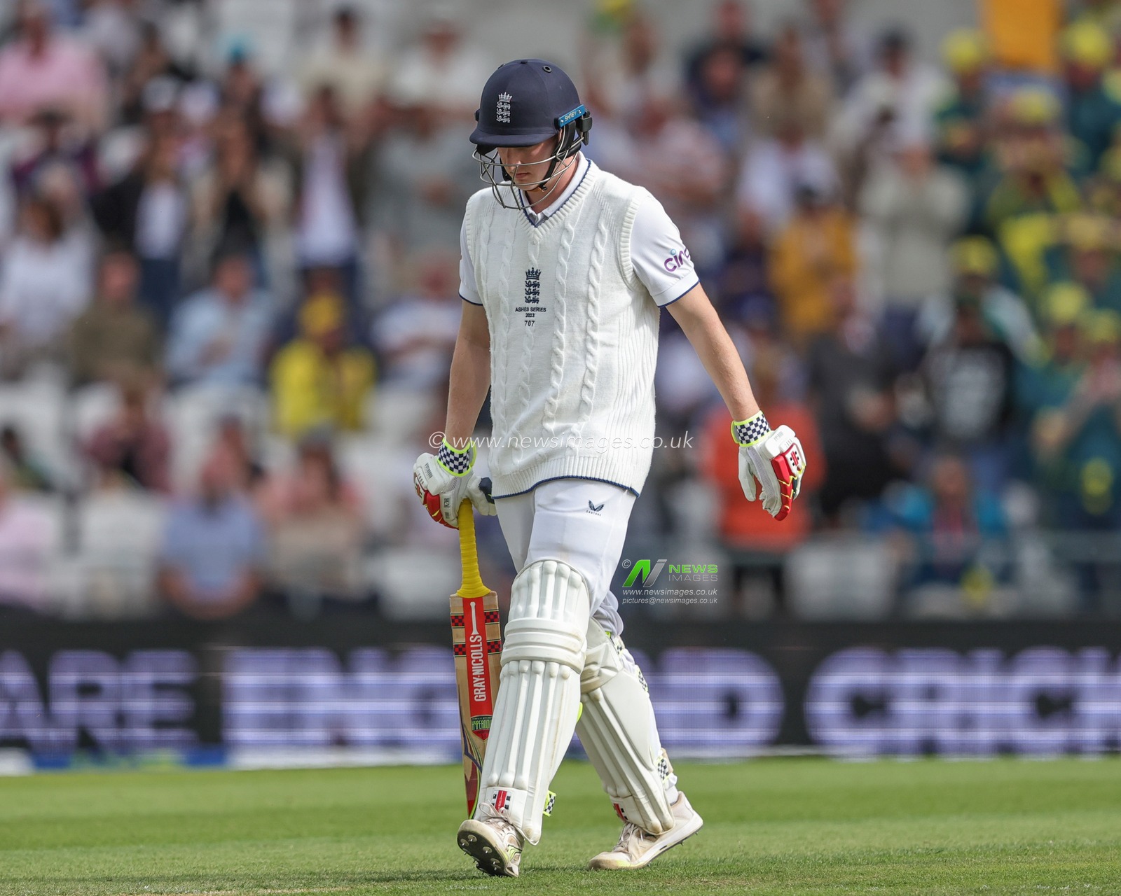 A dejected Harry Brook of England leaves the field after being caught out by Steven Smith of Australia during the LV= Insurance Ashes Third Test Series Day 1 England v Australia at Headingley Stadium, Leeds, United Kingdom, 6th July 2023

(Photo by Mark Cosgrove/News Images)