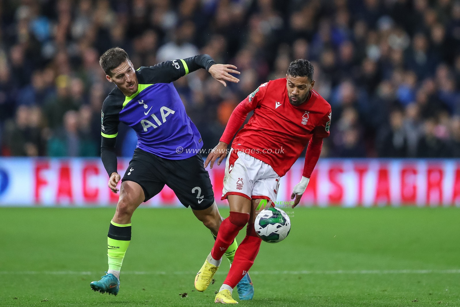 Matt Doherty #2 of Tottenham Hotspur and Renan Lodi #32 of Nottingham Forest battle for the ball during the Carabao Cup Third Round match Nottingham Forest vs Tottenham Hotspur at City Ground, Nottingham, United Kingdom, 9th November 2022

(Photo by Gareth Evans/News Images)