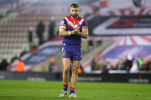 Mike McMeeken of Wakefield Trinity applauds the travelling fans after the Betfred Super League Round 6 match Leigh Leopards vs Wakefield Trinity at Leigh Sports Village, Leigh, United Kingdom, 28th March 2025

(Photo by Gareth Evans/News Images)