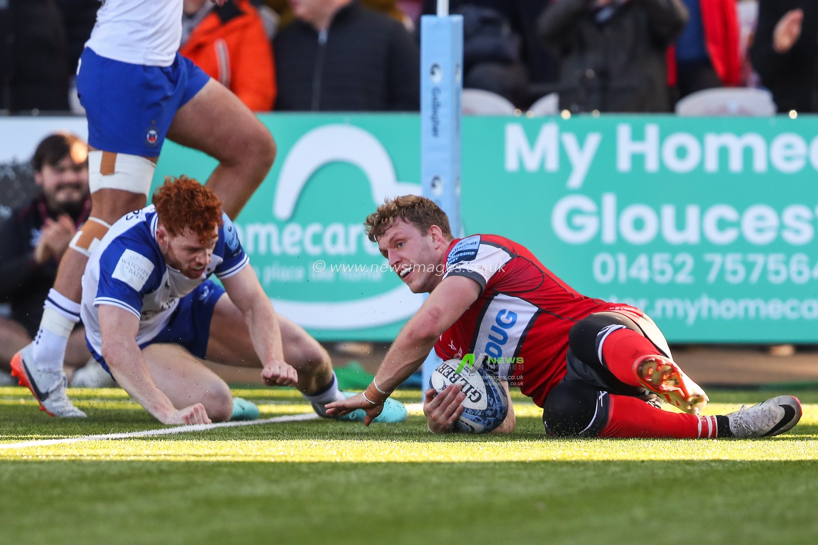 Ollie Thorley of Gloucester goes over for a try and makes the score 26-41 during the Gallagher Premiership match Gloucester Rugby vs Bath Rugby at Kingsholm Stadium , Gloucester, United Kingdom, 12th October 2024

(Photo by Gareth Evans/News Images)