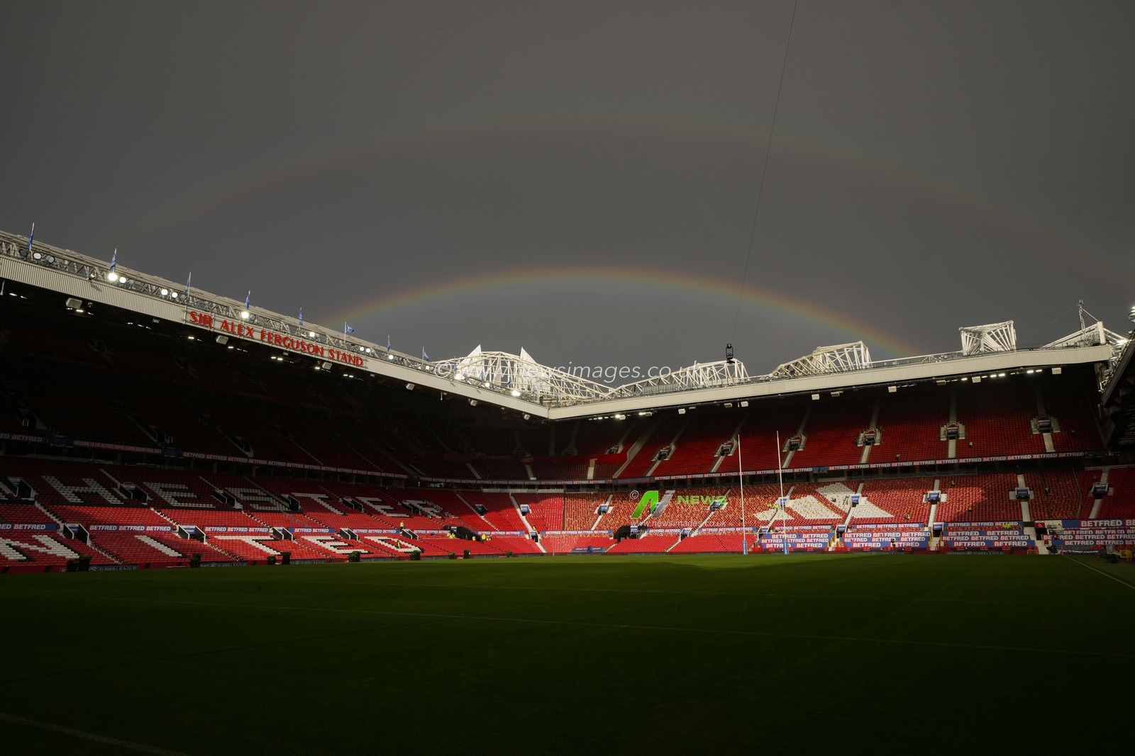 A general view of Old Trafford, home of the Super League Grand Final with a double rainbow over the stadium before the Betfred Super League Grand Final match Wigan Warriors vs Catalans Dragons at Old Trafford, Manchester, United Kingdom, 14th October 2023

(Photo by Steve Flynn/News Images)