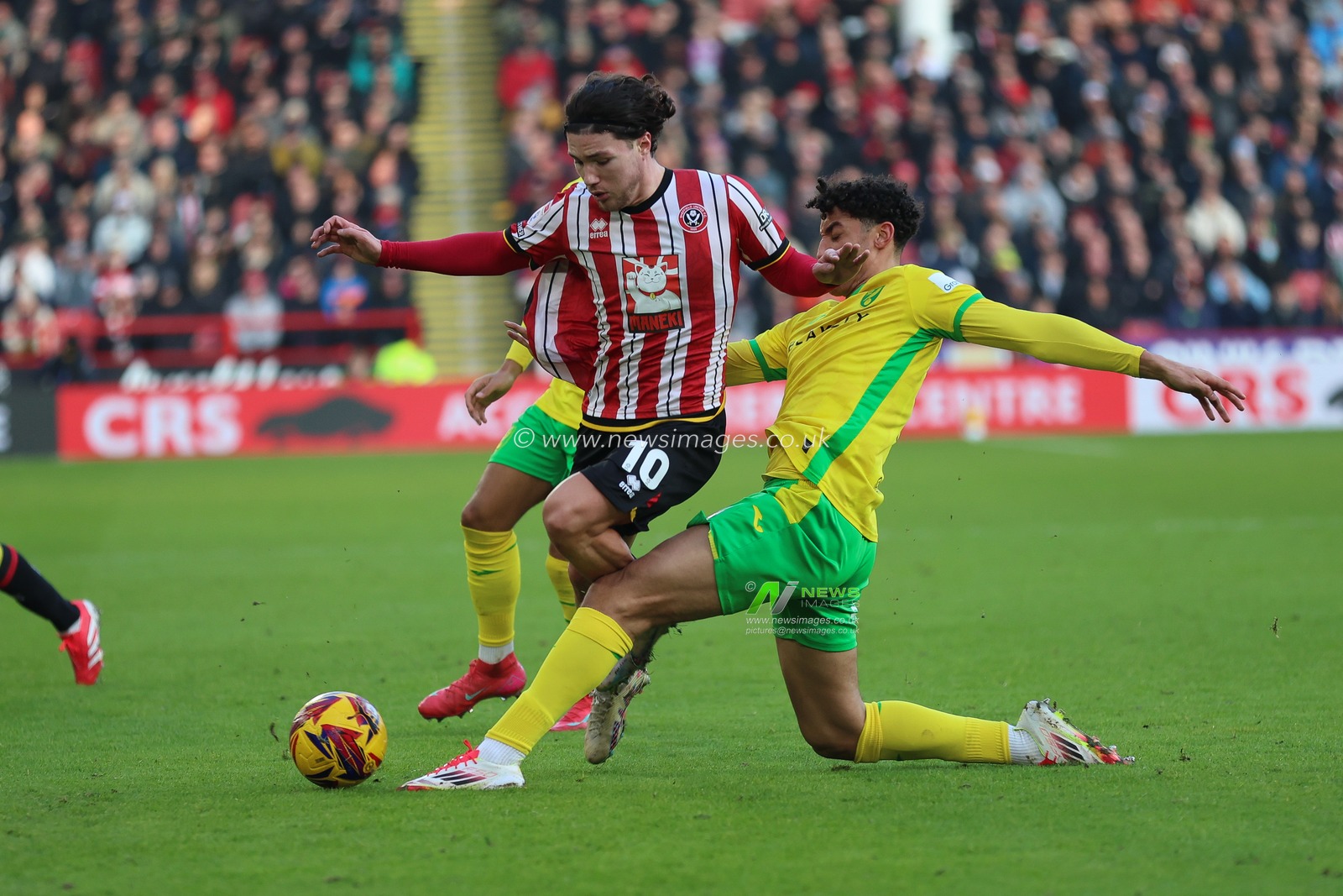 Callum O'Hare of Sheffield United is tackled by Ben Chrisene of Norwich City during the Sky Bet Championship match Sheffield United vs Norwich City at Bramall Lane, Sheffield, United Kingdom, 18th January 2025

(Photo by Alex Roebuck/News Images)