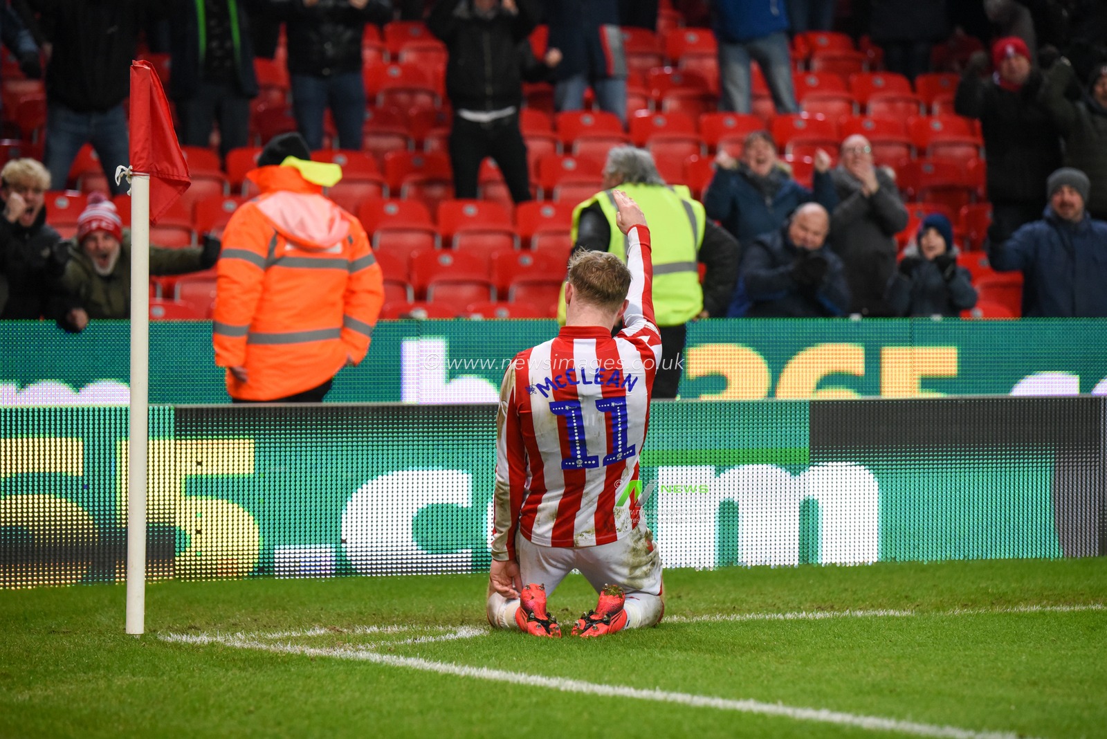 25th January 2020, Bet365 Stadium, Stoke-on-Trent, England; Sky Bet Championship, Stoke City v Swansea City : James McClean (11) of Stoke City celebrates his goal with a salute to the fans