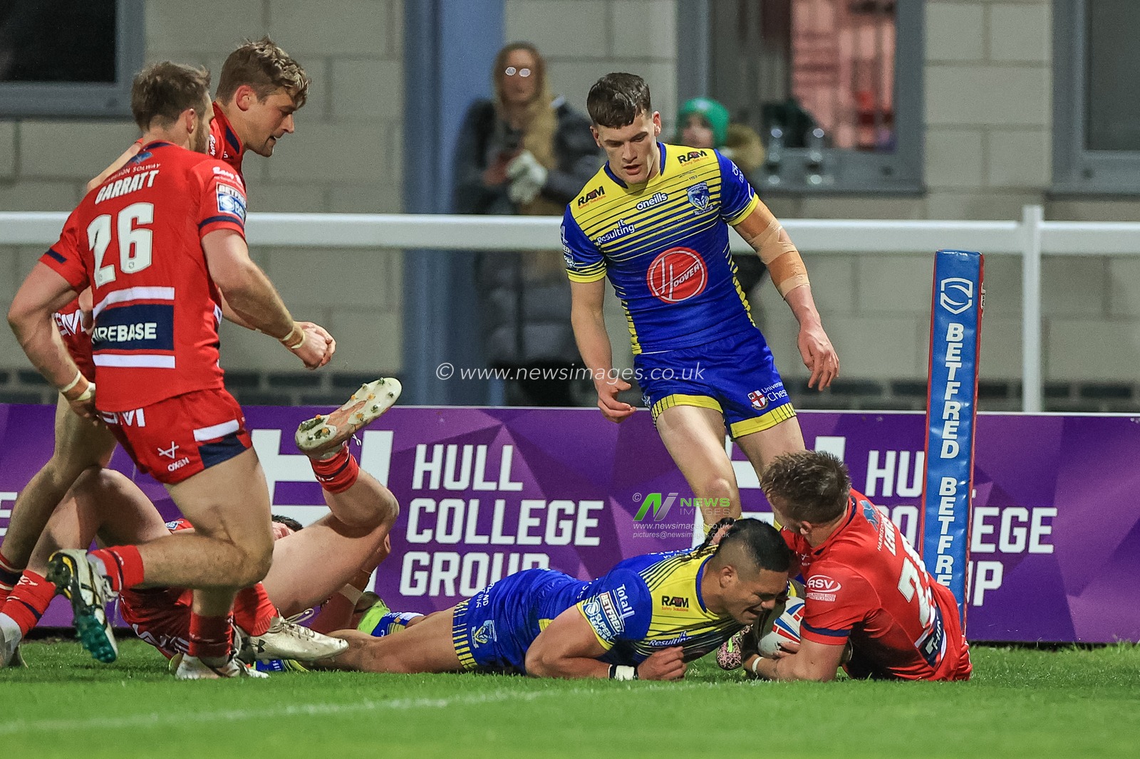 Peter Mataâ€™utia #3 of Warrington Wolves goes over for a try