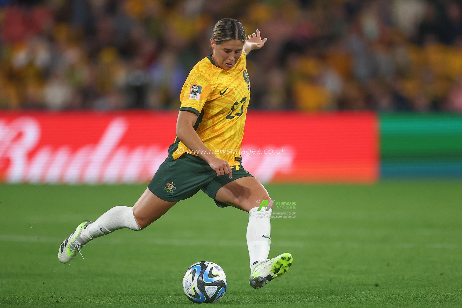 Kyra Cooney-Cross #23 of Australia passes the ball during the FIFA Women's World Cup 2023 Group B match Australia Women vs Nigeria Women at Suncorp Stadium, Brisbane, Australia, 27th July 2023

(Photo by Patrick Hoelscher/News Images)