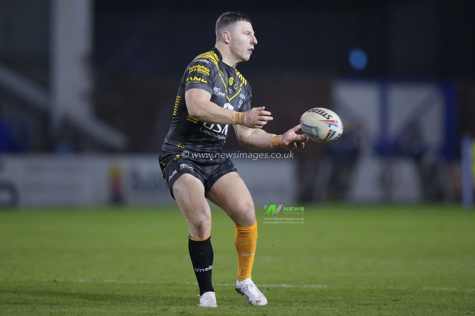 George Williams #6 of Warrington Wolves passes the ball during the Rugby League Ben Currie Testimonial match Warrington Wolves vs Leigh Leopards at Halliwell Jones Stadium, Warrington, United Kingdom, 4th February 2023

(Photo by Steve Flynn/News Images)