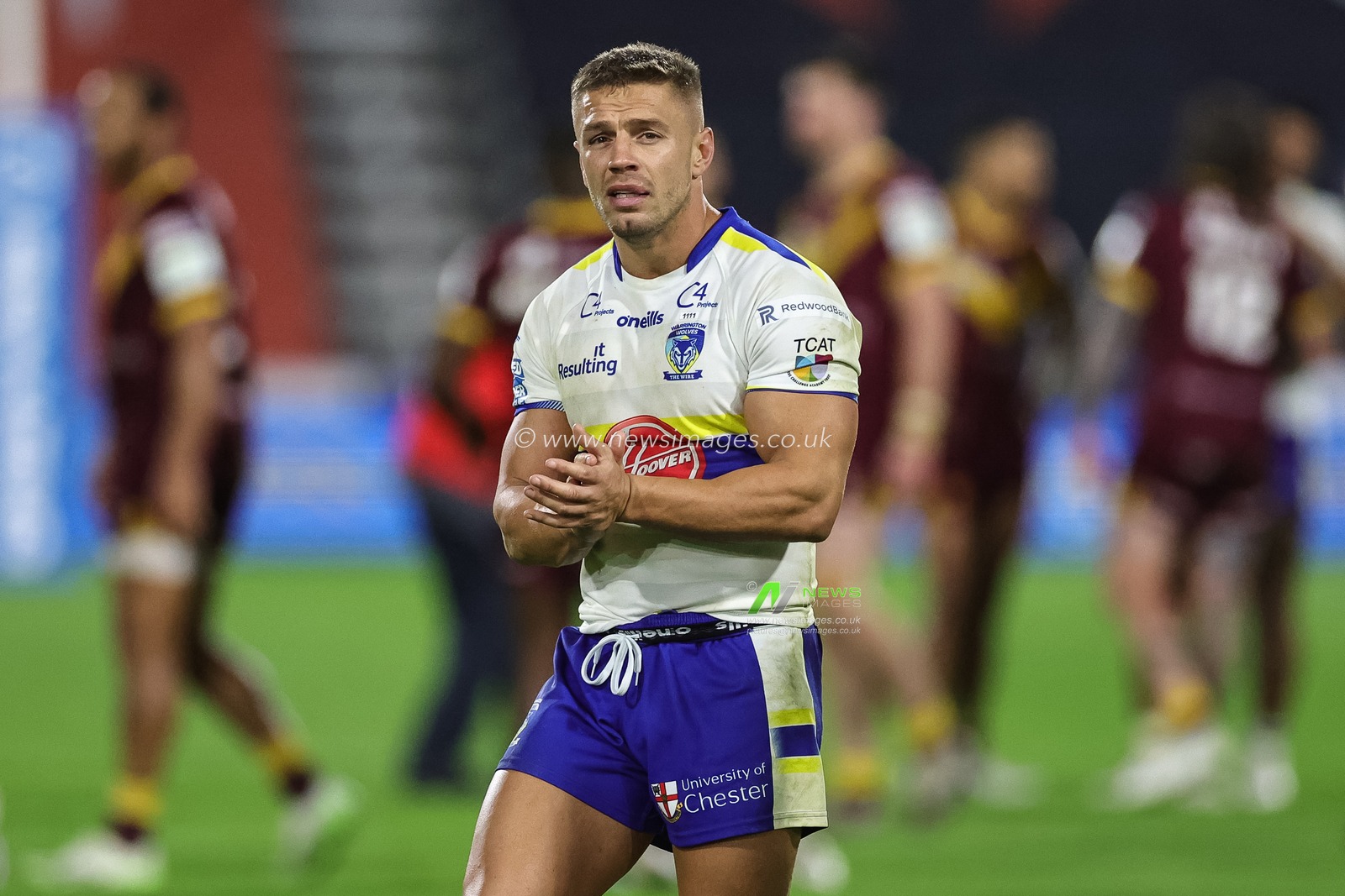 Matty Russell #34 of Warrington applauds the traveling fans  during the Betfred Super League Round 27 match Huddersfield Giants vs Warrington Wolves at John Smith's Stadium, Huddersfield, United Kingdom, 22nd September 2023

(Photo by Mark Cosgrove/News Images)