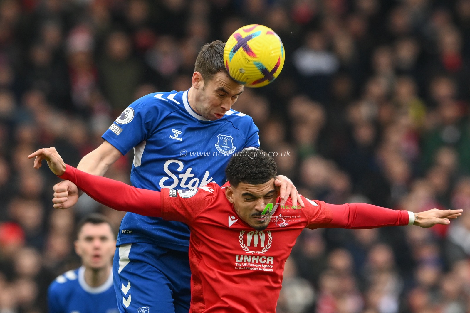 SÃ©amus Coleman #23 of Everton wins a header against Morgan Gibbs-White #10 of Nottingham Forest during the Premier League match Nottingham Forest vs Everton at City Ground, Nottingham, United Kingdom, 4th March 2023

(Photo by Craig Thomas/News Images)