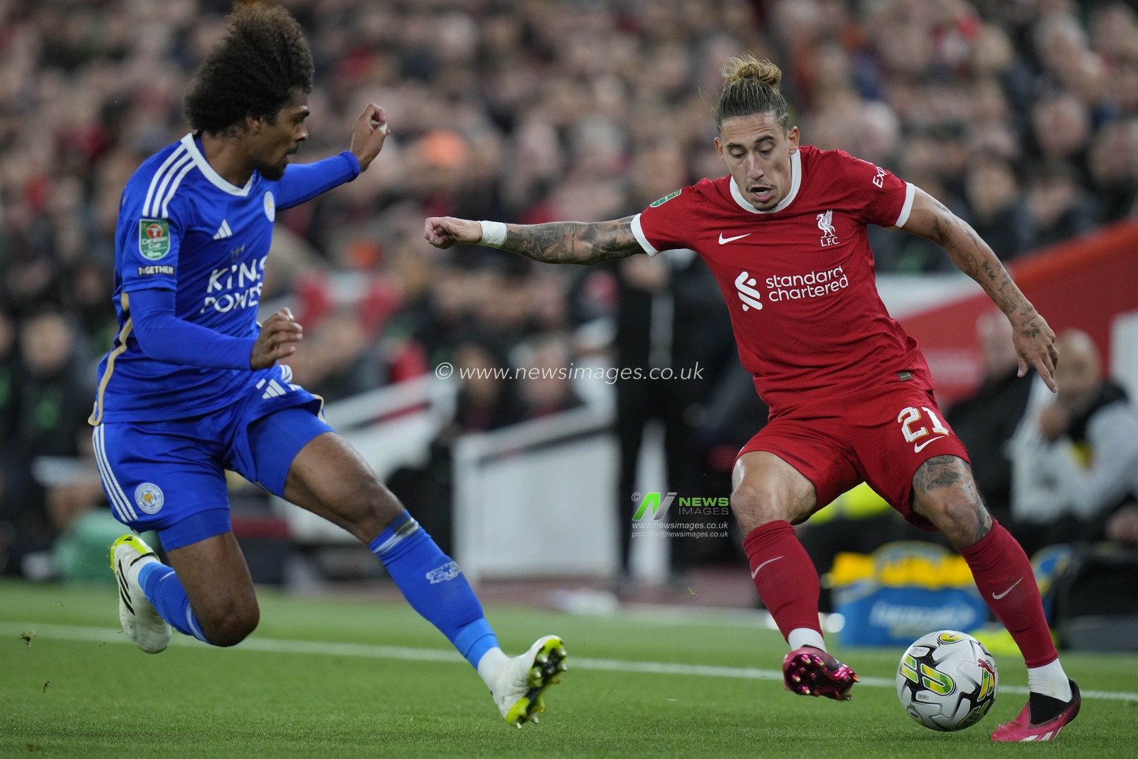 Kostas Tsimikas #21 of Liverpool under pressure from Hamza Choudhury #17 of Leicester City during the Carabao Cup Third Round match Liverpool vs Leicester City at Anfield, Liverpool, United Kingdom, 27th September 2023

(Photo by Steve Flynn/News Images)