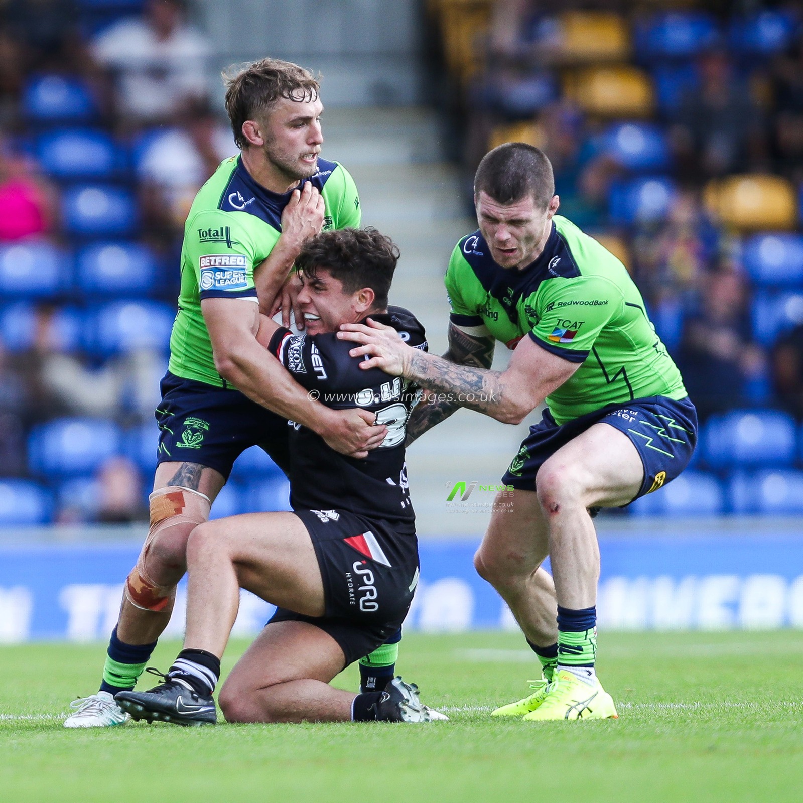 Oliver Leyland of London Broncos is tackled during the Betfred Super League Round 21 match London Broncos vs Warrington Wolves at Plough Lane, Wimbledon, United Kingdom, 11th August 2024

(Photo by Izzy Poles/News Images)