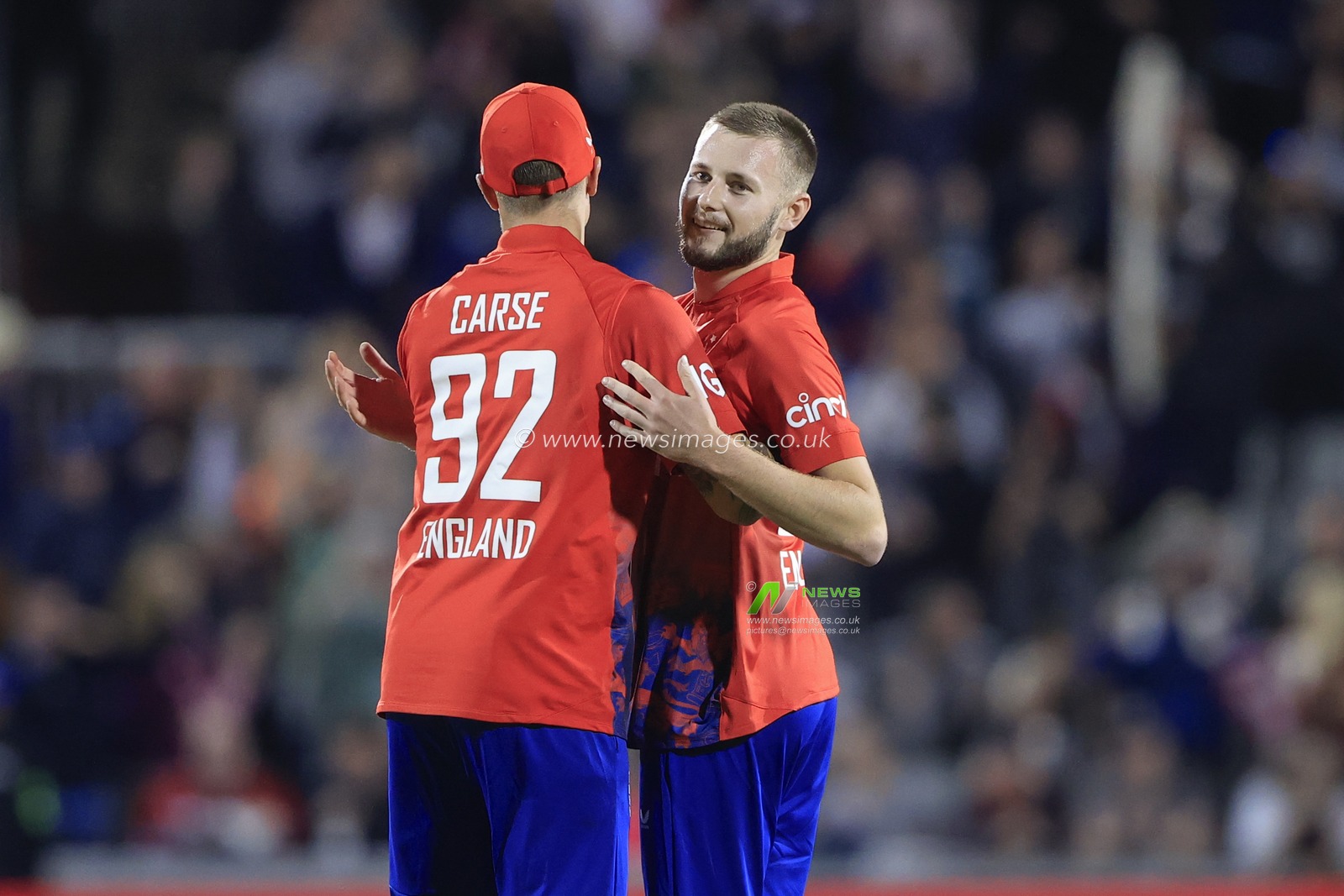 Gus Atkinson #37 on his England debut is congratulated by Brydon Carse #92 of England during the Second Vitality T20 International match England vs New Zealand at Old Trafford, Manchester, United Kingdom, 1st September 2023

(Photo by Conor Molloy/News Images)