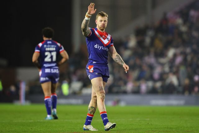 Tom Johnstone of Wakefield Trinity celebrates his second 90 metre run try to make it 14-34 during the Betfred Super League Round 6 match Leigh Leopards vs Wakefield Trinity at Leigh Sports Village, Leigh, United Kingdom, 28th March 2025

(Photo by Gareth Evans/News Images)