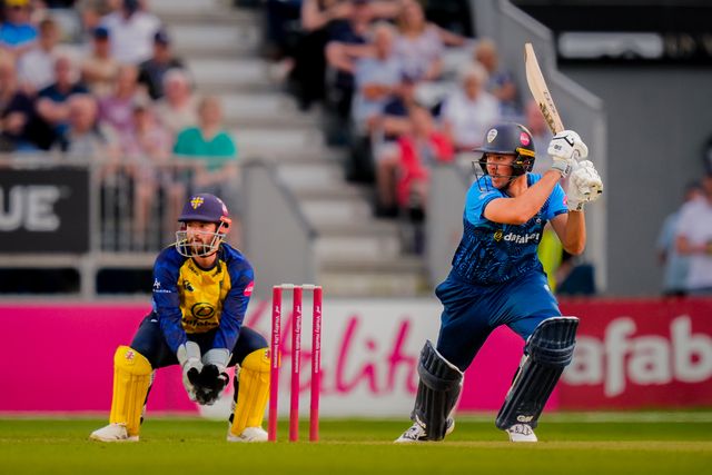 Matthew Montgomery of Derbyshire bats with Ollie Robinson of Durham wicket keeping during the Vitality Blast T20 match between Derbyshire Falcons and Durham Cricket at The Central Co-Op County Ground, Derby, United Kingdom on 22 May 2026

(Photo by Maynard Manyowa/News Images)