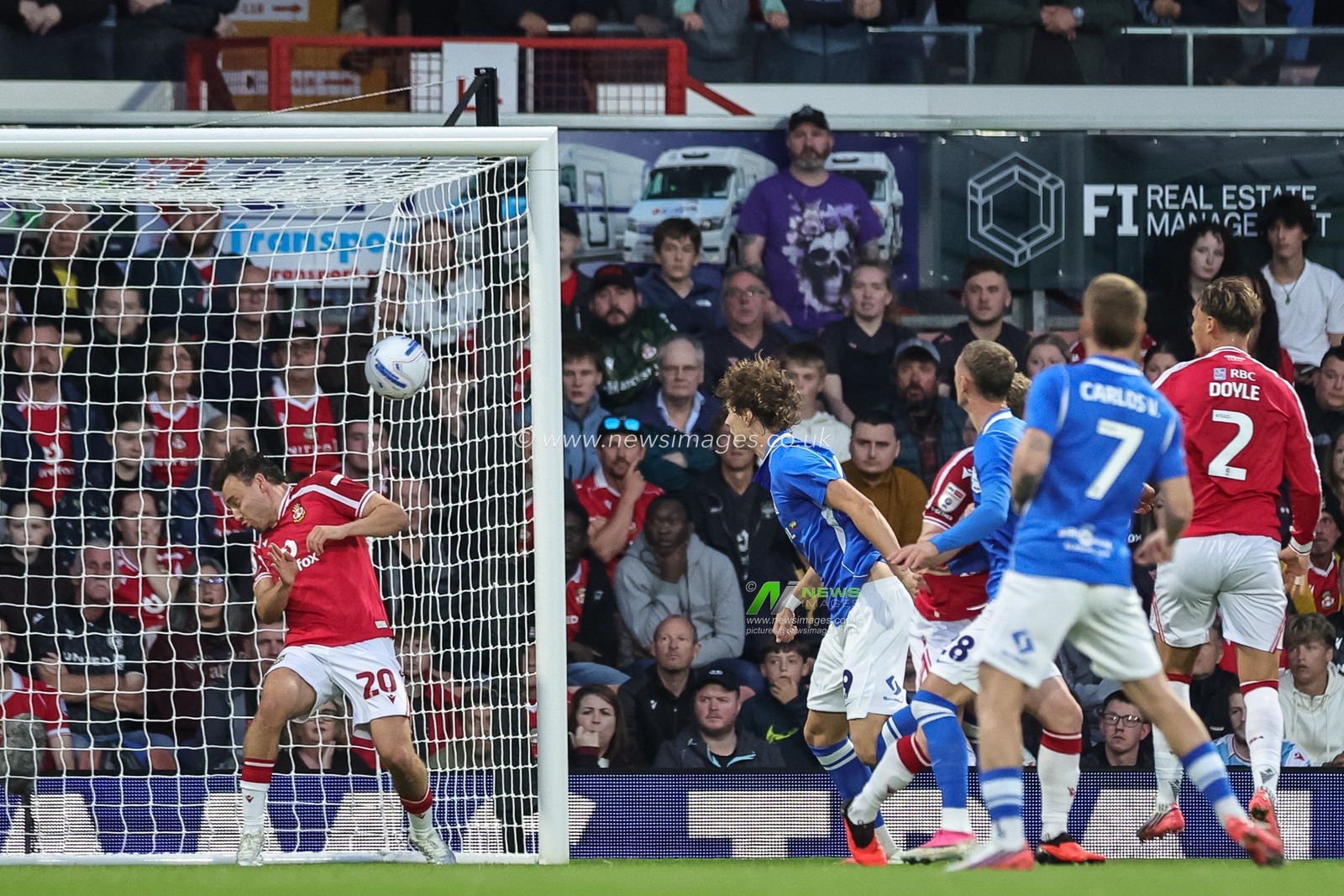 Ollie Rathbone of Wrexham clears the ball off the line during the Sky Bet Championship match Wrexham vs Birmingham City at The Racecourse Ground, Wrexham, United Kingdom on 28 August 2026

(Photo by Mark Cosgrove/News Images)
