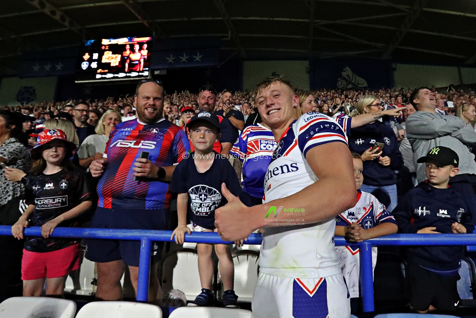 Jayden Myers of Wakefield Trinity celebrates after the Betfred Super League round 19 match Huddersfield Giants vs Wakefield Trinity at the Accu Stadium, Huddersfield, United Kingdom, 18th July 2025(Photo by Sam Eaden/News Images)