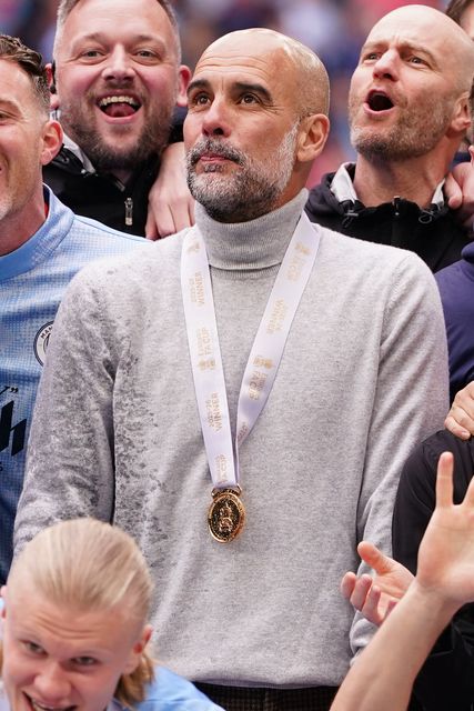 Josep Guardiola manager of Manchester City as his side celebrate the fa cup during the Emirates FA Cup Final match Chelsea vs Manchester City at Wembley Stadium, London, United Kingdom on 16 May 2026

(Photo by Harvey Murphy/News Images)