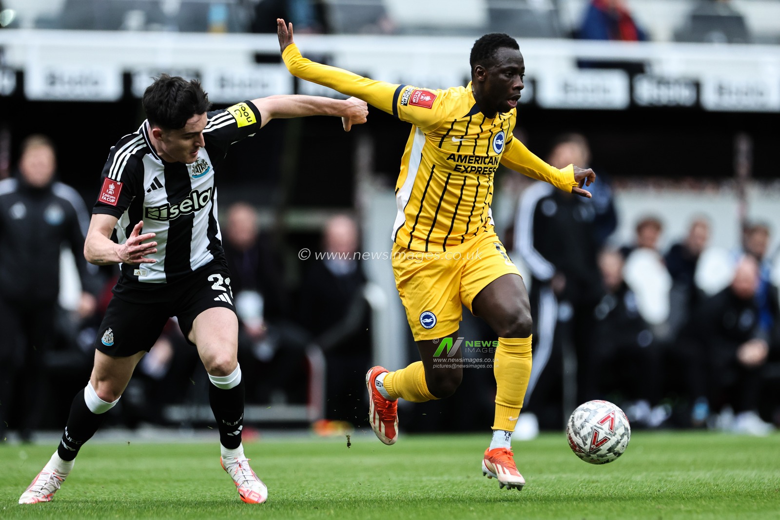Carlos Baleba of Brighton & Hove Albion holds off Tino Livramento of Newcastle United during the Emirates FA Cup 5th Round Newcastle United vs Brighton and Hove Albion at St. James's Park, Newcastle, United Kingdom, 2nd March 2025

(Photo by Mark Cosgrove/News Images)