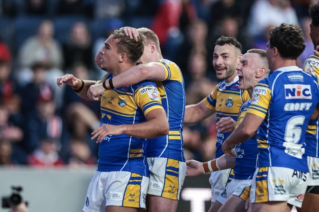 Presley Cassell of Leeds Rhinos celebrates his try during the Betfred Super League round 23 match Leeds Rhinos vs Hull KR at Headingley Stadium, Leeds, United Kingdom, 21st August 2025

(Photo by Mark Cosgrove/News Images)