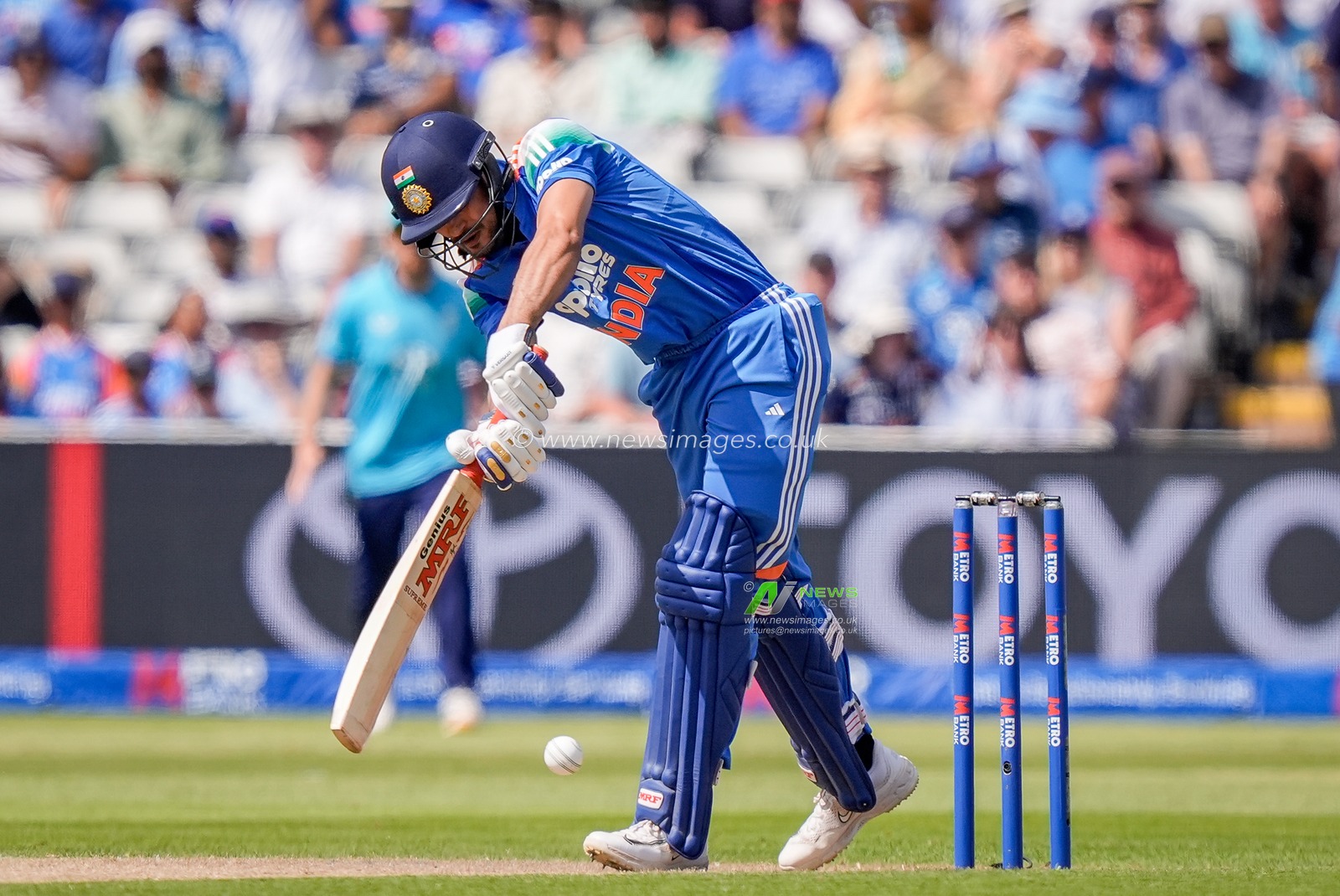 India captain Shubman Gillhits a four during the 1st Metro Bank ODI match England vs India at Edgbaston, Birmingham, United Kingdom on 14 July 2026

(Photo by Maynard Manyowa/News Images)
