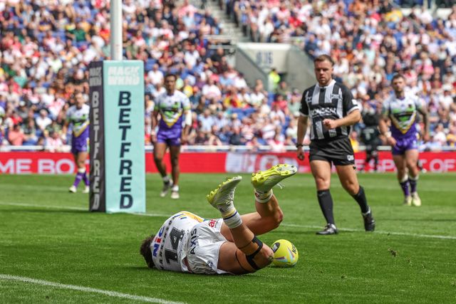 Chris Hankinson of Leeds Rhinos goes over for a try during the Betfred Super League Magic Weekend match Leeds Rhinos vs Bradford Bulls at Hill Dickinson Stadium, Liverpool, United Kingdom on 05 July 2026

(Photo by Mark Cosgrove/News Images)