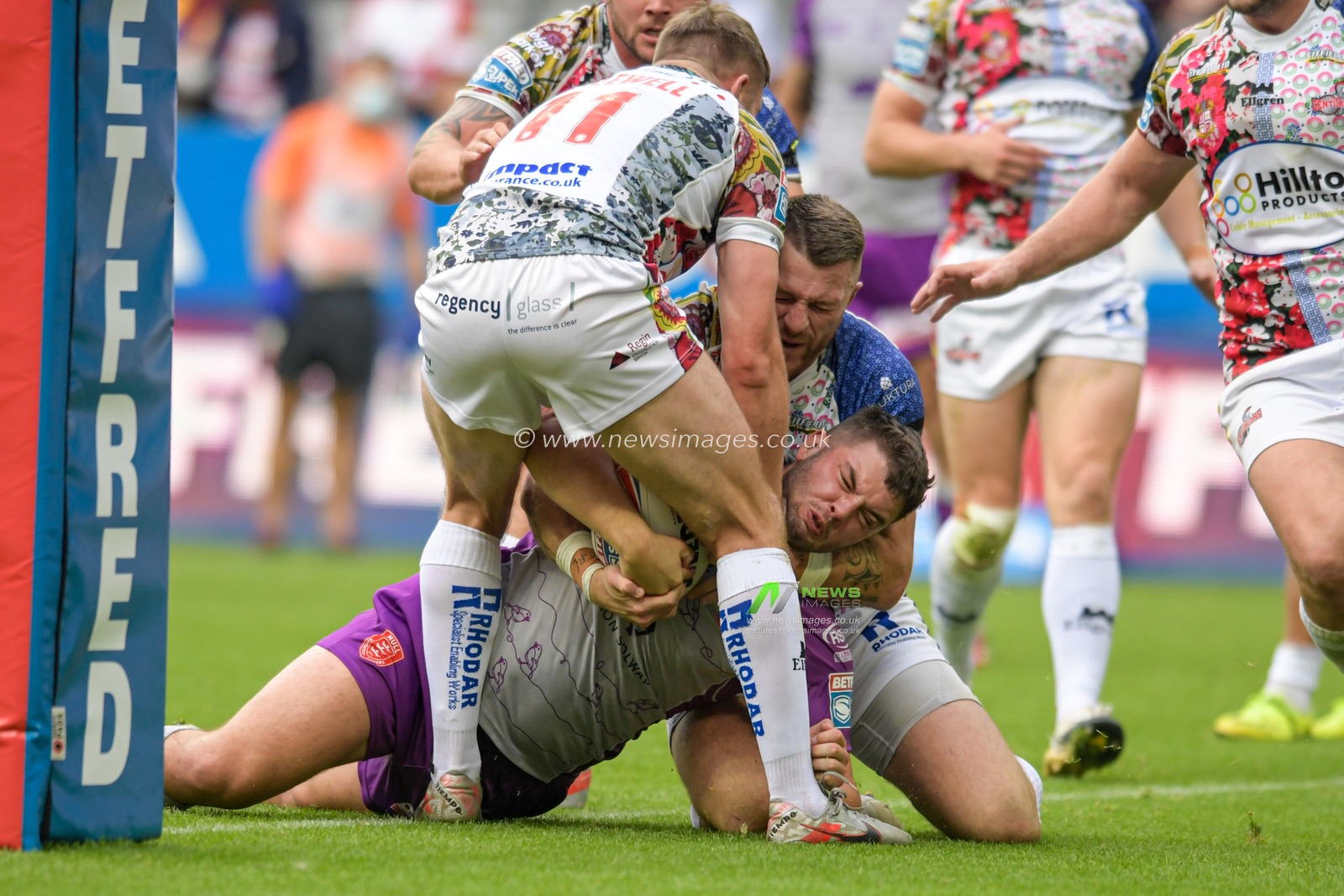 Matty Storton (18) of Hull KR goes close to scoring a try with the video ref ruling it out for being held up