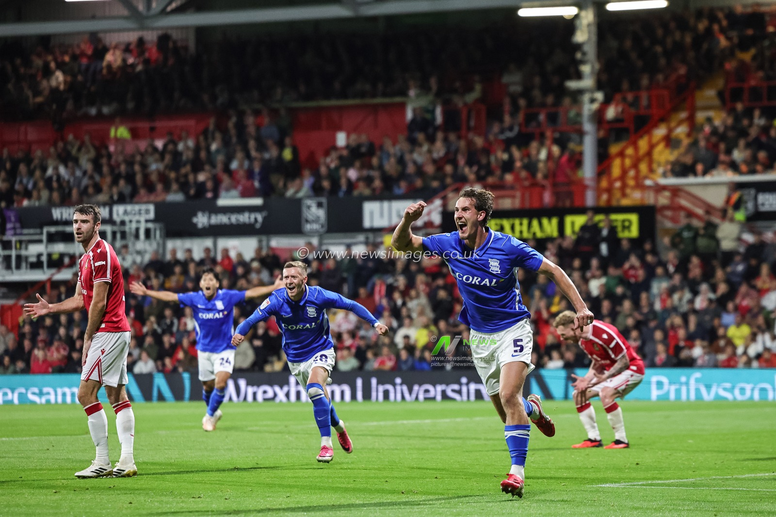 Phil Neumann of Birmingham City celebrates his goal to make it 1-2 during the Sky Bet Championship match Wrexham vs Birmingham City at The Racecourse Ground, Wrexham, United Kingdom on 28 August 2026

(Photo by Mark Cosgrove/News Images)