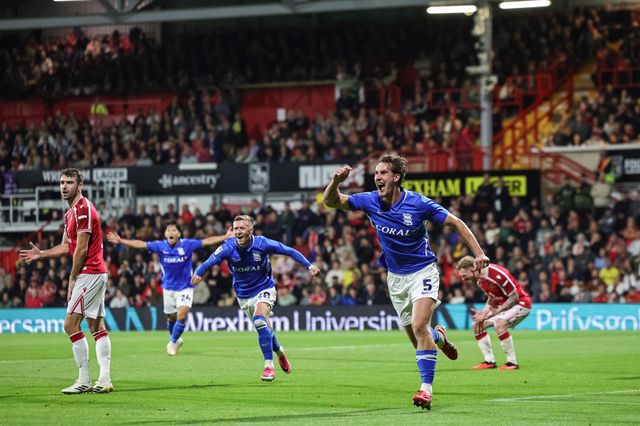 Phil Neumann of Birmingham City celebrates his goal to make it 1-2 during the Sky Bet Championship match Wrexham vs Birmingham City at The Racecourse Ground, Wrexham, United Kingdom on 28 August 2026

(Photo by Mark Cosgrove/News Images)