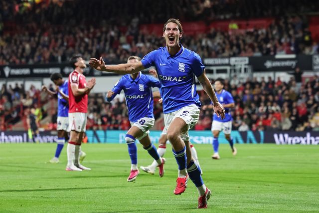 Phil Neumann of Birmingham City celebrates his goal to make it 1-2 during the Sky Bet Championship match Wrexham vs Birmingham City at The Racecourse Ground, Wrexham, United Kingdom on 28 August 2026

(Photo by Mark Cosgrove/News Images)