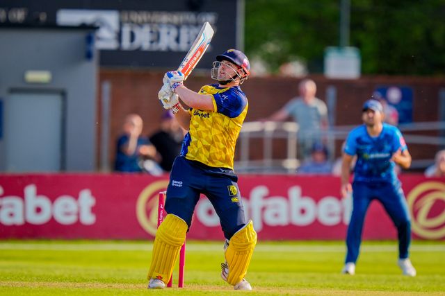 Alex Lees of Durham hits for consecutive fours during the Vitality Blast T20 match between Derbyshire Falcons and Durham Cricket at The Central Co-Op County Ground, Derby, United Kingdom on 22 May 2026

(Photo by Maynard Manyowa/News Images)