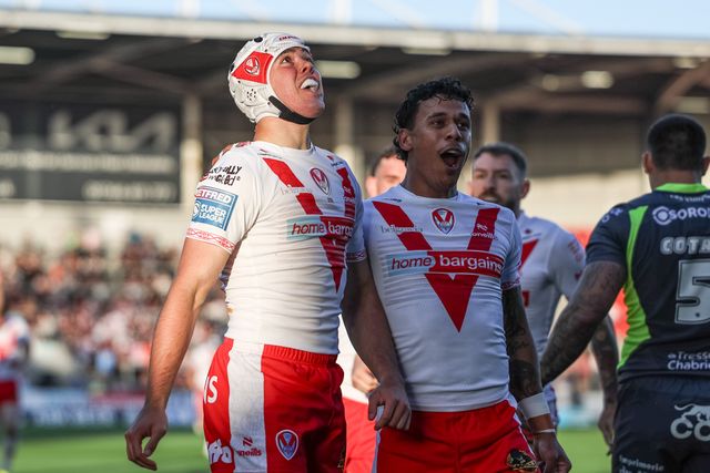 George Whitby of St. Helens celebrates his try during the Betfred Super League Round 11 match St Helens vs Catalans Dragons at Totally Wicked Stadium, St Helens, United Kingdom, 15th May 2025

(Photo by Mark Cosgrove/News Images)