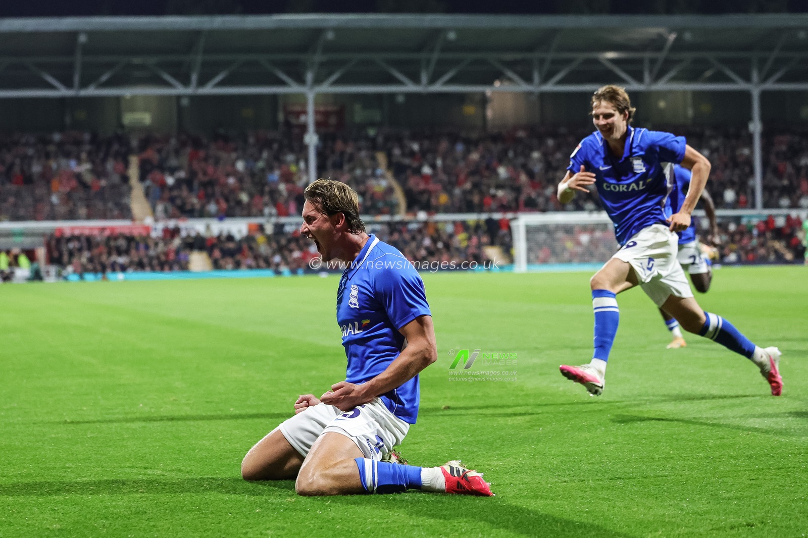 Phil Neumann of Birmingham City celebrates his goal to make it 1-2 during the Sky Bet Championship match Wrexham vs Birmingham City at The Racecourse Ground, Wrexham, United Kingdom on 28 August 2026

(Photo by Mark Cosgrove/News Images)