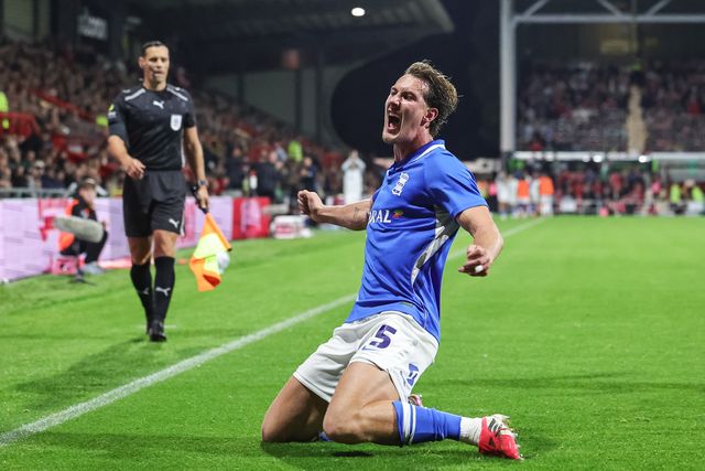Phil Neumann of Birmingham City celebrates his goal to make it 1-2 during the Sky Bet Championship match Wrexham vs Birmingham City at The Racecourse Ground, Wrexham, United Kingdom on 28 August 2026

(Photo by Mark Cosgrove/News Images)