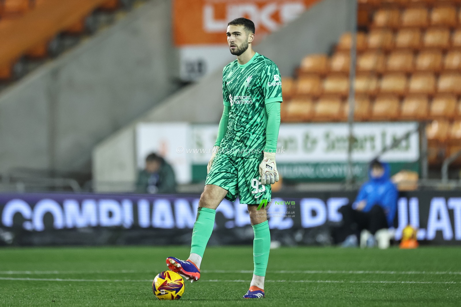 Harvey Davies of Liverpool with the ball during the Bristol Street Motors Trophy match Blackpool vs Liverpool U21 at Bloomfield Road, Blackpool, United Kingdom, 6th November 2024

(Photo by Mark Cosgrove/News Images)