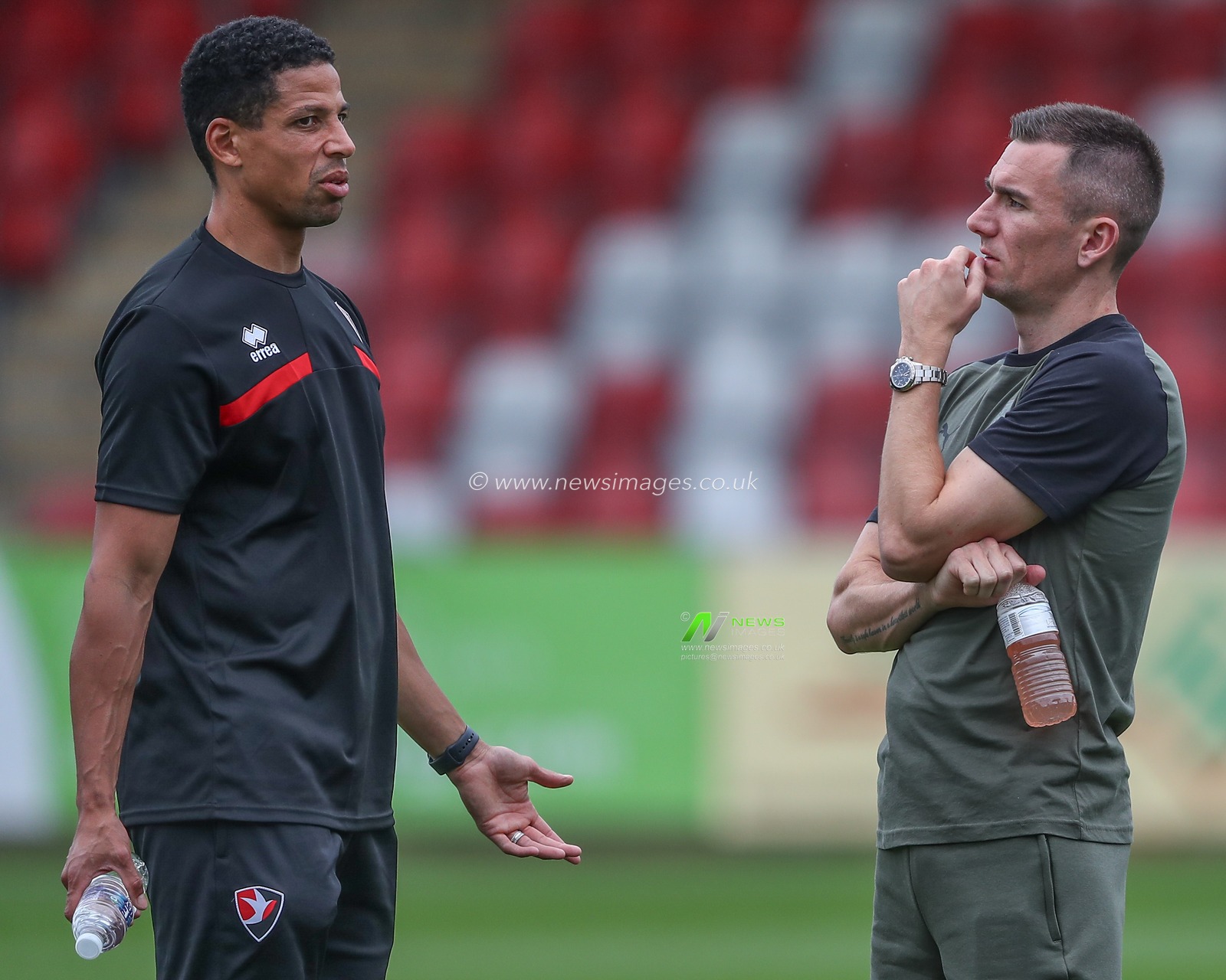 Jed Wallace #7 of West Bromwich Albion talks with Curtis Davies  of Cheltenham Town as they arrive ahead of the Pre-season friendly match Cheltenham Town vs West Bromwich Albion at The Completely-Suzuki Stadium, Cheltenham, United Kingdom, 18th July 2023

(Photo by Gareth Evans/News Images)