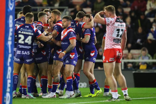 Olly Russell of Wakefield Trinity celebrates his try to make it 0-4 during the Betfred Super League Round 6 match Leigh Leopards vs Wakefield Trinity at Leigh Sports Village, Leigh, United Kingdom, 28th March 2025

(Photo by Gareth Evans/News Images)