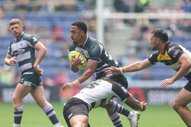 Tanguy Zenon of Huddersfield Giants is tackled by Xavier Va'a of York Knights during the Betfred Super League Magic Weekend match Huddersfield Giants vs York Knights at Hill Dickinson Stadium, Liverpool, United Kingdom on 04 July 2026

(Photo by Mark Cosgrove/News Images)