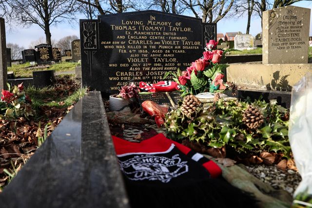 A general view of former Barnsley FC and Manchester United and England international forward Tommy Taylor grave and headstone 67 years after 23 passengers 8 of whom were Manchester United players sadly lost their lives in the Munich Air disaster on the 6th of February 1958;  Monk Bretton Cemetery, Monk Bretton, Barnsley, United Kingdom, 6th February 2025.

(Photo by Mark Cosgrove/News Images)
