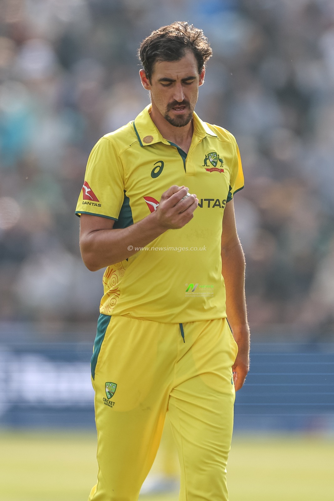 Mitchell Starc of Australia inspects the ball during the Second Metro Bank One Day International England v Australia at Headingley Cricket Ground, Leeds, United Kingdom, 21st September 2024

(Photo by Mark Cosgrove/News Images)