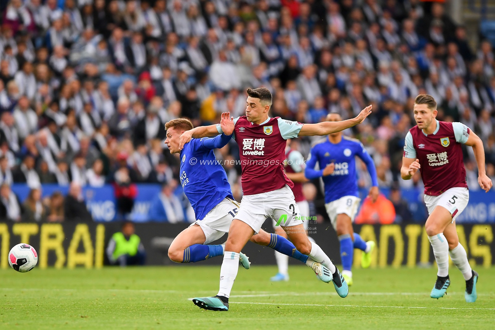 19th October 2019, King Power Stadium, Leicester, England; Premier League, Leicester City v Burnley : Matthew Lowton (2) of Burnley fouls Harvey Barnes (15) of Leicester City 

Credit: Jon Hobley/News Images