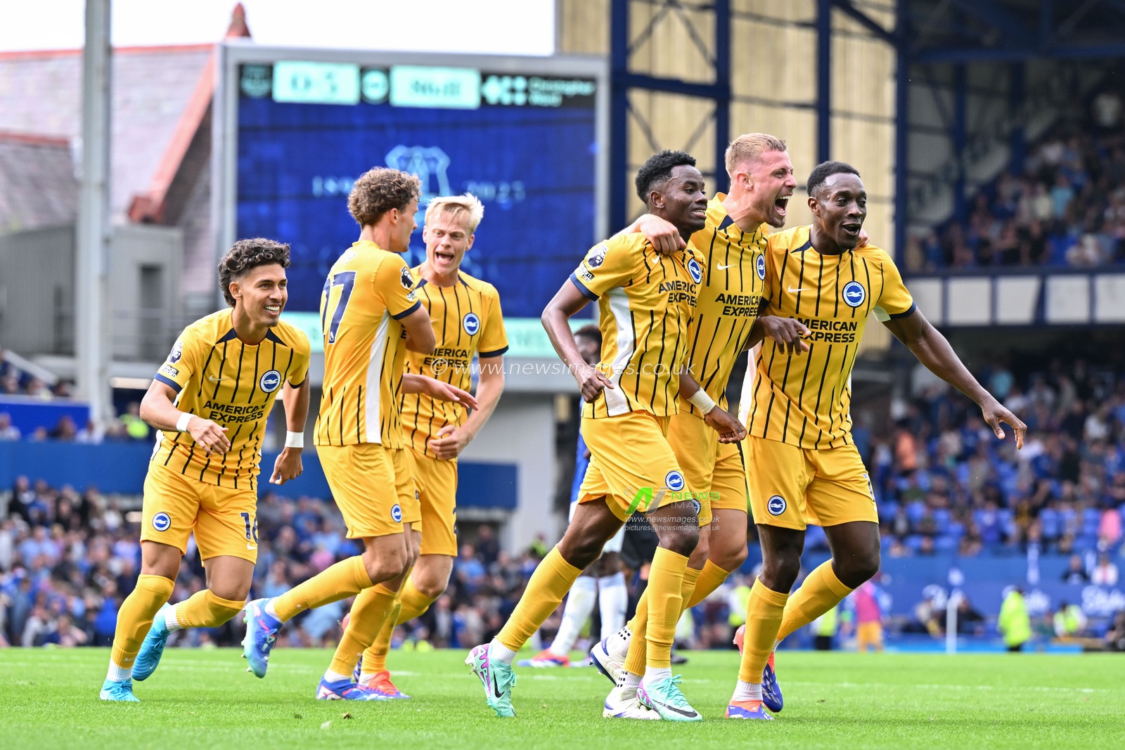 Simon Adingra of Brighton & Hove Albion celebrates his goal to make it 0-3 Brighton during the Premier League match Everton vs Brighton and Hove Albion at Goodison Park, Liverpool, United Kingdom, 17th August 2024

(Photo by Cody Froggatt/News Images)