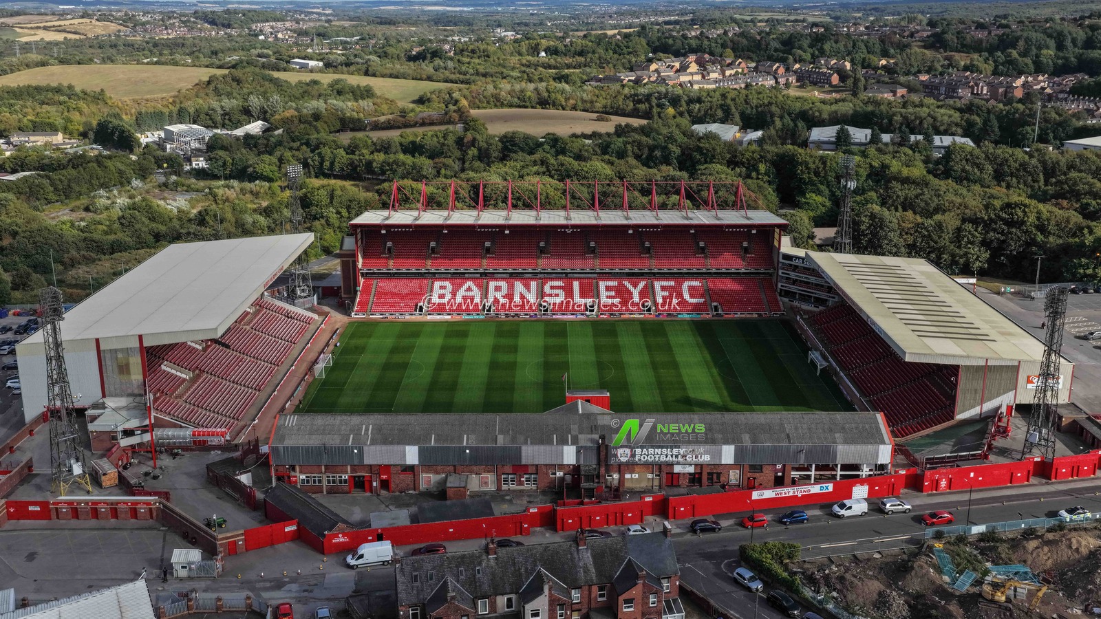 An aerial view of Oakwell during the Carabao Cup match Barnsley vs Rotherham United at Oakwell, Barnsley, United Kingdom, 26th August 2025

(Photo by Mark Cosgrove/News Images)