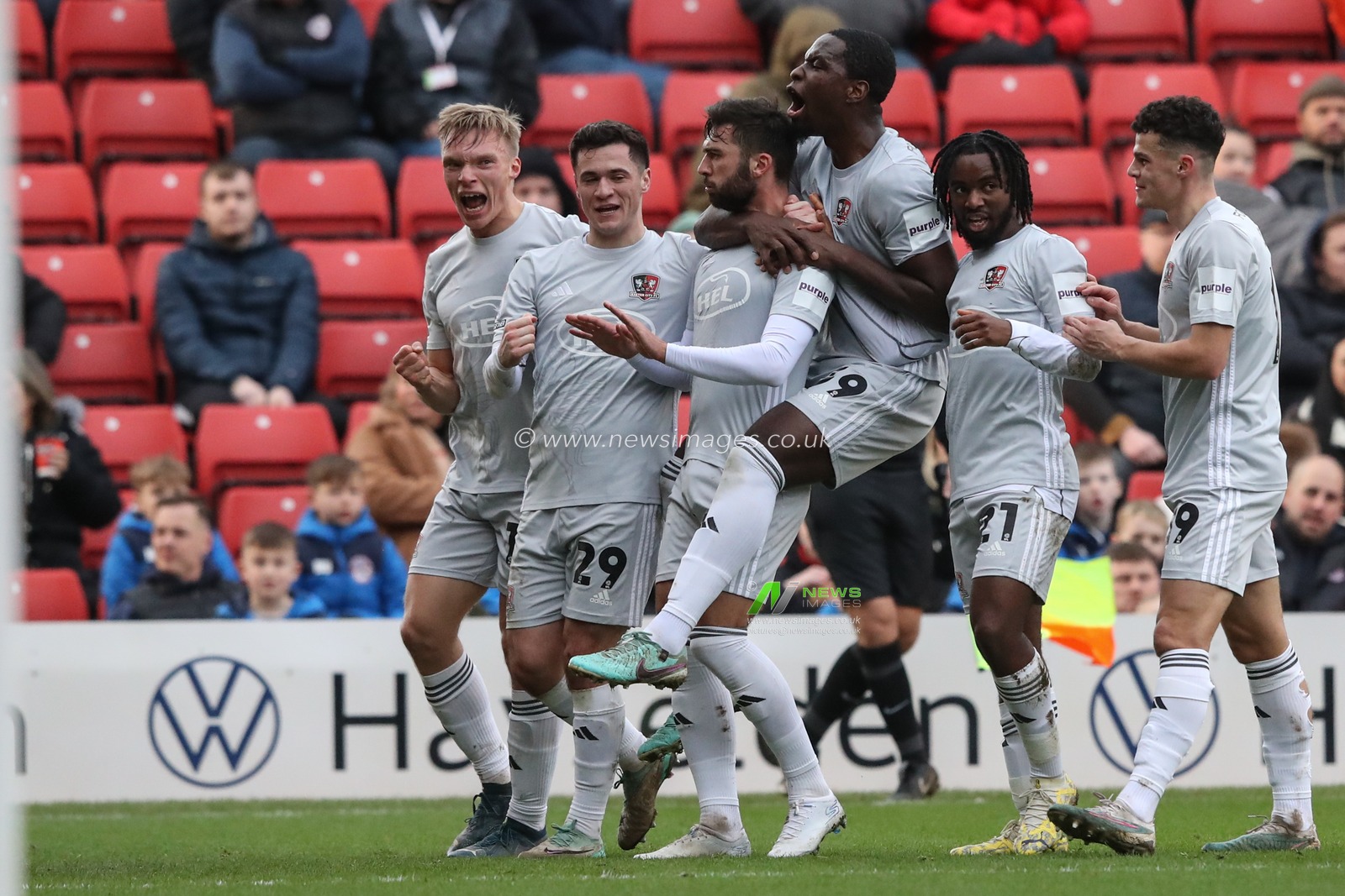 Reece Cole of Exeter City celebrates his goal to make it 0-2 during the Sky Bet League 1 match Barnsley vs Exeter City at Oakwell, Barnsley, United Kingdom, 27th January 2024

(Photo by Alfie Cosgrove/News Images)