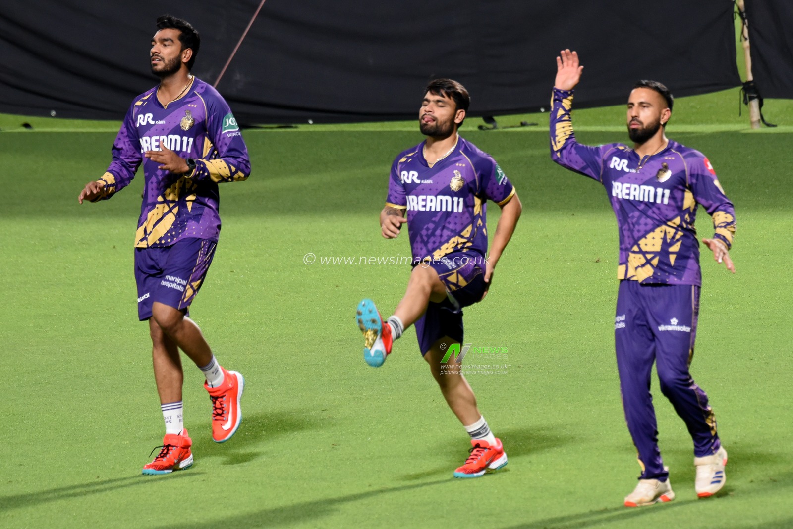 Kolkata Knight Rider's Rinku Singh,Venkatesh Iyer and Ramandeep Singh jogs as they take part in a training session ahead the Indian Premier League (IPL) Twenty20 cricket Match at the Eden Gardens Stadium in Kolkata on March 17,2025,Pictures by Debajyoti Chakraborty.(Photo: Debajyoti Chakraborty/News Images)