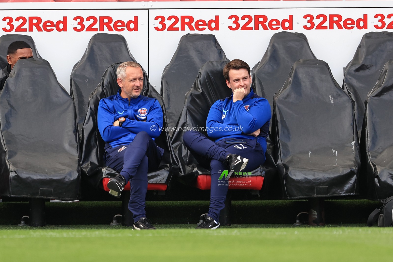 Neil Critchley Head Coach of Blackpool on the bench before kickoff