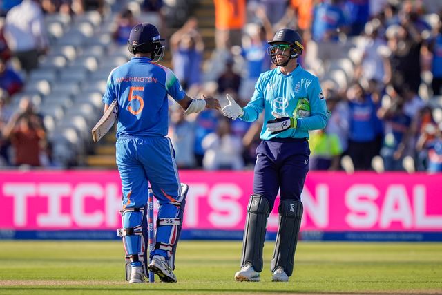Washington Sundar of India shakes hands with Jos  Buttler of England after India won the match during the 1st Metro Bank ODI match England vs India at Edgbaston, Birmingham, United Kingdom on 14 July 2026

(Photo by Maynard Manyowa/News Images)