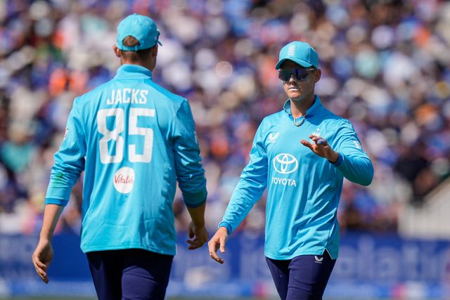 Jacob Bethell of England congratulates Will Jacks of England for good fielding during the 1st Metro Bank ODI match England vs India at Edgbaston, Birmingham, United Kingdom on 14 July 2026

(Photo by Maynard Manyowa/News Images)
