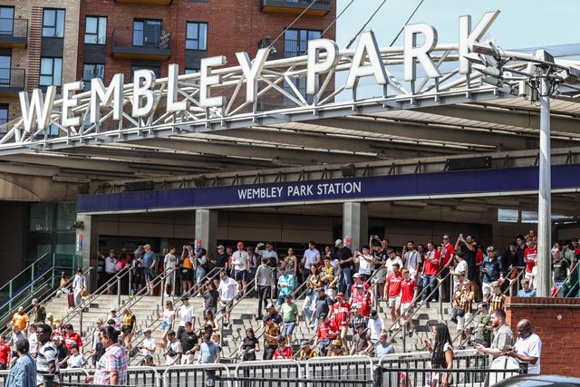 Fans make their way from Wembley Park Station to the stadium during the Sky Bet Championship Playoffs Final match Hull City vs Middlesbrough at Wembley Stadium, London, United Kingdom on 23 May 2026

(Photo by Alfie Cosgrove/News Images)