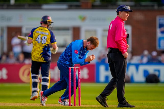 Jack Morley of Derbyshire celebrates taking the wicket of David Bedingham of Durham during the Vitality Blast T20 match between Derbyshire Falcons and Durham Cricket at The Central Co-Op County Ground, Derby, United Kingdom on 22 May 2026

(Photo by Maynard Manyowa/News Images)