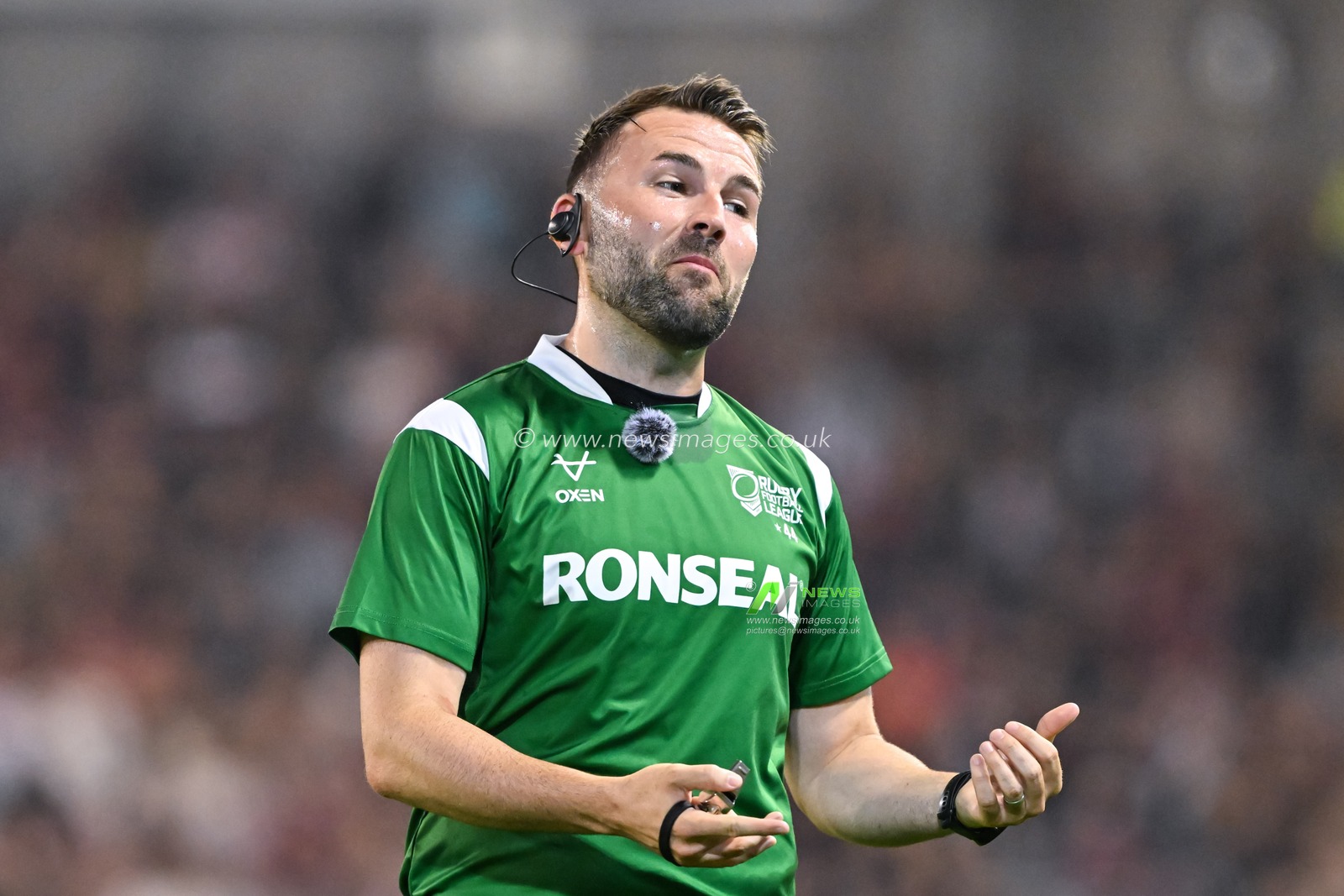 Referee Liam Moore during the Betfred Super League Round 24 match Leigh Leopards vs Warrington Wolves at Leigh Sports Village, Leigh, United Kingdom, 30th August 2024

(Photo by Cody Froggatt/News Images)